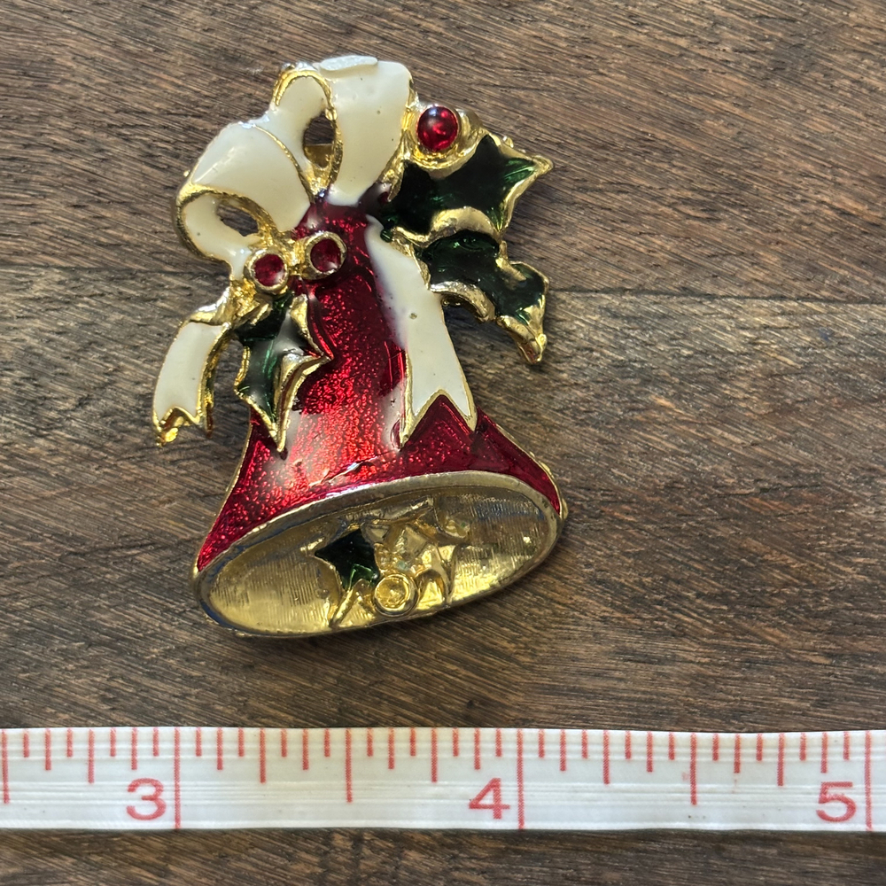 Christmas Bell Holly Faux Enamel Brooch Gold Tone